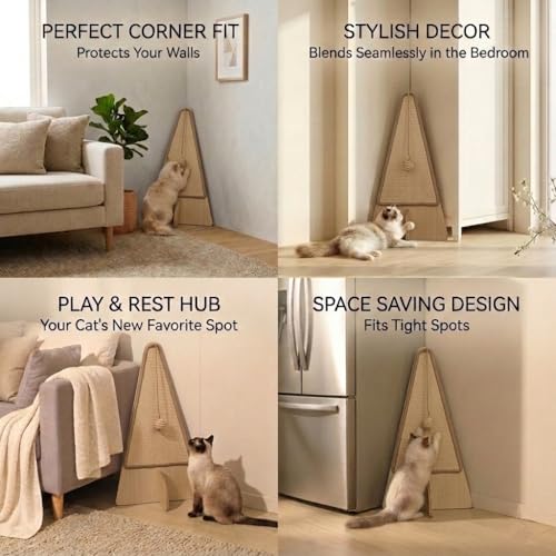 Corner Cat Scratcher–26in Tall Cat Scratching Post, Space Saving Leaning Cat Tree Protects Furniture, Multi-Level Solid Wood with Natural Sisal, Wall Corner Cat Scratch Post for Indoor Cats