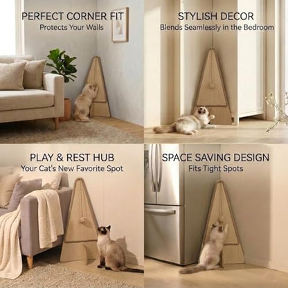 Corner Cat Scratcher–26in Tall Cat Scratching Post, Space Saving Leaning Cat Tree Protects Furniture, Multi-Level Solid Wood with Natural Sisal, Wall Corner Cat Scratch Post for Indoor Cats