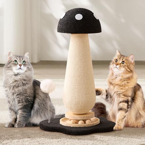 Mushroom Cat Scratching Post Cat Tree, 21.5‘’ H Cute Cat Scratcher Tower with Durable Solid Wood Turntable Toy, Solid Black Mushroom Scratch Post Cat Sisal Scratcher with Catnip for Indoor Cats - color: Black Mushroom