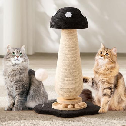 Mushroom Cat Scratching Post Cat Tree, 21.5‘’ H Cute Cat Scratcher Tower with Durable Solid Wood Turntable Toy, Solid Black Mushroom Scratch Post Cat Sisal Scratcher with Catnip for Indoor Cats - color: Black Mushroom