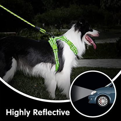 PoyPet No Pull Dog Harness and 5 Feet Leash Set, Release on Neck Reflective Adjustable Pet Vest, Front & Back 2 D-Ring and Soft Padded Pet Harness with Handle for Small to Large Dogs(Green,M) - color: Green, size: Medium