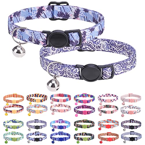 Breakaway Cat Collars for Girl Boy Cats, Spring Summer All Weather Cat Collar Personalized Pattern 2 Pack,Cute Classic Safety Buckles and Bells,Adjustable Printed Nylon Colorful Kitten Collar - color: Grazy Purple