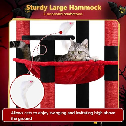 Globlazer Gothic Cat Tree Tower with Scratching Post for Indoor Cats, 53inch Tall Plush Multi-Level Cat Climbing Tower Condo with Large Hammock, Spacious Cat Cave, Padded Top Perch, F53, Red Black - color: Red Black