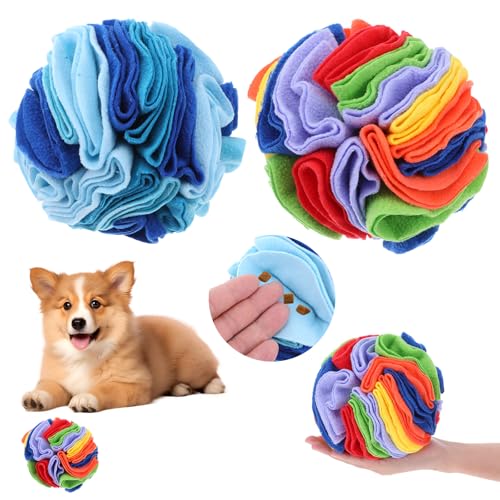 2 Packs Snuffle Ball for Dogs - Sniffle Interactive Treat Ball, Stress Relief, Slow Feeder, Puzzle Toy for Small Medium Dogs Cats, Soft Polar Fleece, Rainbow & Ocean Blue, 5.9 Inches