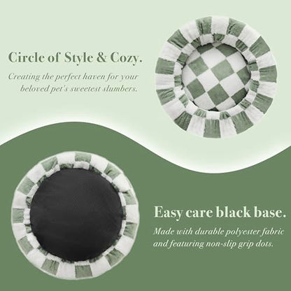 Ohocut Checkered Cat Dog Bed, Cute Sage Green Retro Style Aesthetic Round Warming Pet Calming Beds for Small Dog and Cats, Plush Cozy Donut Beds Washable, 23" L x 23" W x 8" Th - color: Green, size: 23"L x 23"W x 8"Th