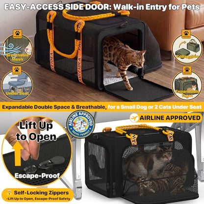 PAWZIDEA Expandable Pet Carrier with Wheels, 18"x11"x11" TSA Airline Approved Cat Carrier for 2 Cats Under Seat, Collapsible Soft-Sided Small Dog Rolling Travel Bag with Telescopic Handle, Up to 18lbs - color: Black Warrior-Wheels