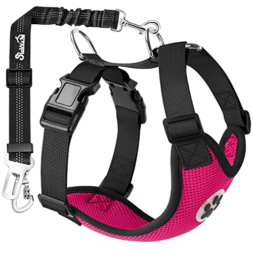 SlowTon Dog Seat Belt Harness for Car, Dog Car Harness Adjustable Mesh Breathable & Dog Seatbelt Safety Tether with Elastic Bungee for Small Medium Large Pets(Fuchsia, Double Clip, M) - color: C-Fuchsia, size: Medium