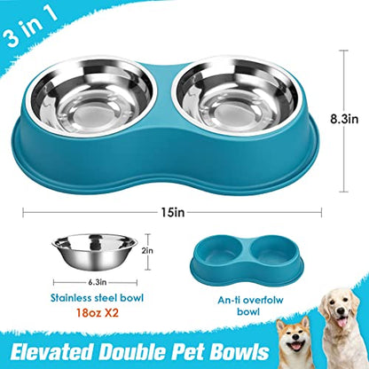 Epetslove Dog Bowls Double Dog Water and Food Bowls Stainless Steel Bowls with Non-Slip Resin Station, Pet Feeder Bowls for Puppy Medium Dogs Cats - color: 7.Lake Blue, size: Medium-18oz