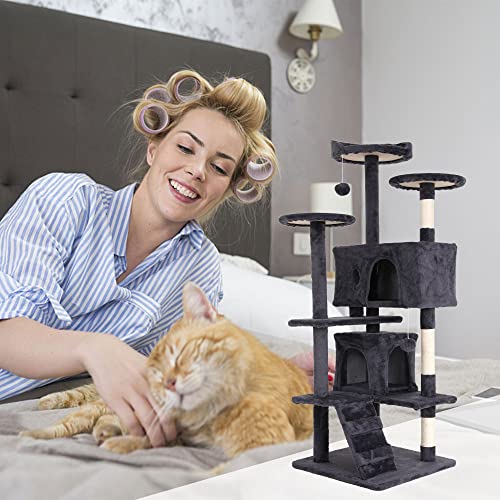 Go Pet Club 70'' Tall Multi-Level Cat Tree with Scratching Post, Stand Platform, Cat Condo, Tower and Funny Toy for Medium Indoor Cats - color: Light Gray