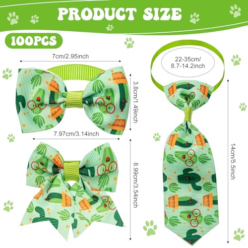 Reginary 100 Pieces Dog Bow Tie Collar Set Include 40 Dog Neckties, and 30 Puppy Bowties, 30 Collar Flowers, Adjustable Pet Ties Grooming for Small Medium Cats Pets Supply(Cactus) - style: Cactus