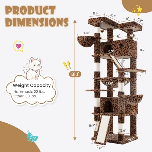 SHA CERLIN 81in Multi-Level Tall Cat Tree Tower for Indoor Kitties/Larger Cat Condo Furniture with Hammock/Cozy Pussycat Perches/Sisal Scratching Posts/Pet House/Wide Base/Leopard Print - color: Leopard Print