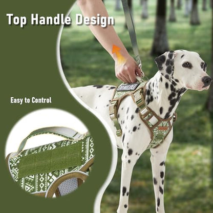 AUNZO Service Dog Vest Harness with 2 Velcro Patches, No Pull Dog Harness for Walking Training Hiking, Metal D-Rings Easy on/Off Neck Buckle Reflective Strips Soft Padded Handle, Green - color: Green Ethnic, size: Medium