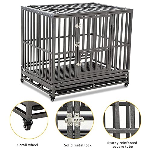 LUCKUP Heavy Duty Dog Cage Metal Kennel and Crate for Medium and Large Dogs, Pet Playpen with Four Wheels,Easy to Install,42 inch,Black - size: 42 inches