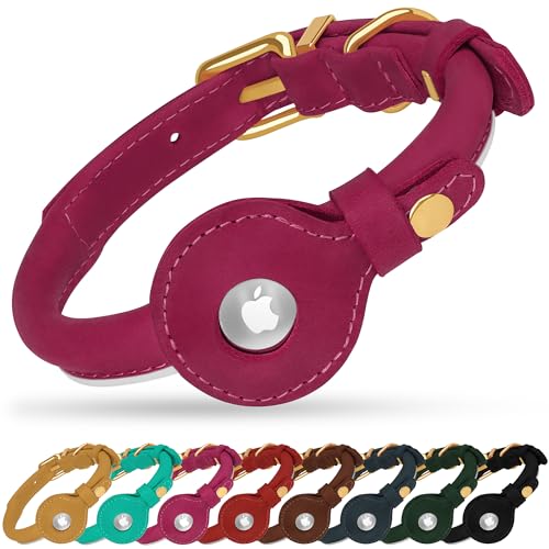 OOPSDOGGY Rolled Leather Dog Collar with Airtag Holder - Reflective Round Airtag Dog Collar - Soft Tracking Pet Collar for Small Dogs Puppy Cats Kitten (Pink, XS, 8"-11") - color: Pink, size: XS, 8"-11"