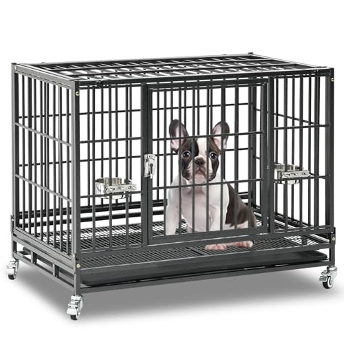 Homey Pet 37 Inch Heavy Duty Dog Crate for Medium Dogs, Stackable Dog Cage with Four Lockable Wheels, Removable Tray & Grid, Open Top, Escape Proof Dog Kennel Indoor - size: 37"L
