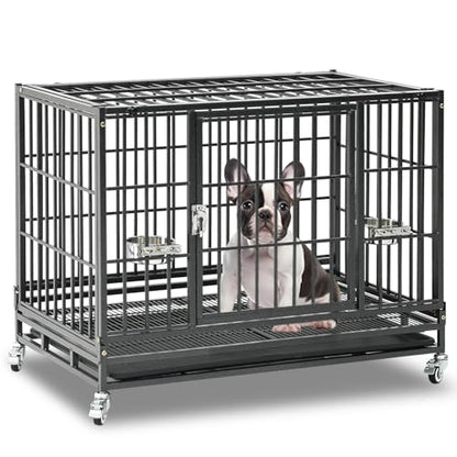 Homey Pet 37 Inch Heavy Duty Dog Crate for Medium Dogs, Stackable Dog Cage with Four Lockable Wheels, Removable Tray & Grid, Open Top, Escape Proof Dog Kennel Indoor - size: 37"L