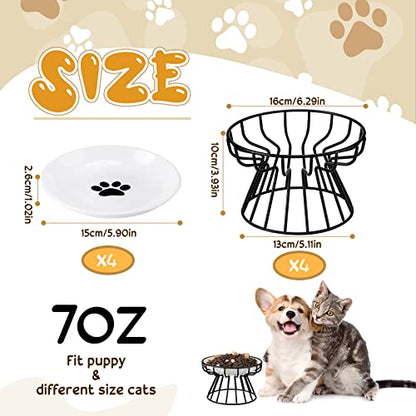 Roshtia 4 Sets Elevated Cat Bowls Ceramic Raised Cat Food Bowls with Metal Stand Dishwasher Safe Dishes Non Slip Elevated Food Plate(Black,Paw) - color: Black