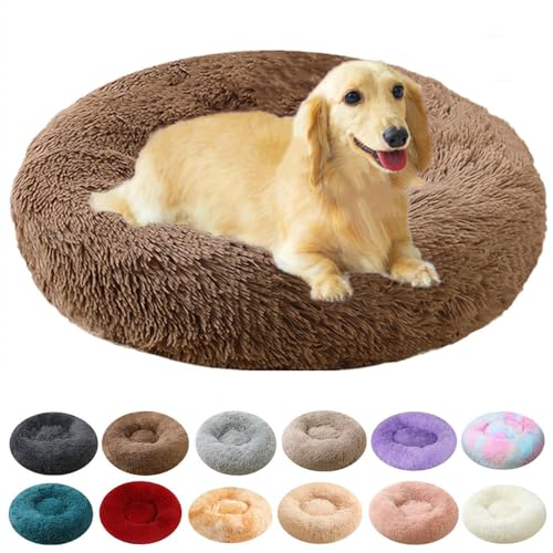 Calming Small Dog Bed & Cat Bed, 16 Inch Donut Fluffy Anti-Anxiety Round Bed Washable Cute Bed, Cuddler Warming Cozy Soft Bed, Plush Cushion Bed for Small Medium Dogs and Cats (Coffee) - color: Coffee, size: 16.0"L x 16.0"W x 8.0"Th /Round 40cm