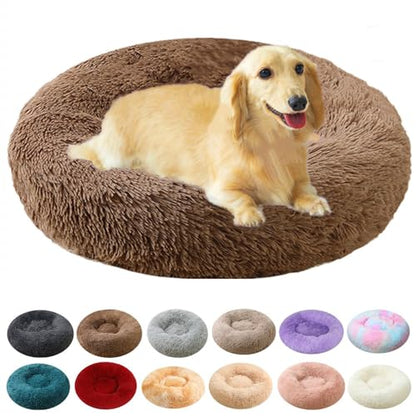 Calming Small Dog Bed & Cat Bed, 16 Inch Donut Fluffy Anti-Anxiety Round Bed Washable Cute Bed, Cuddler Warming Cozy Soft Bed, Plush Cushion Bed for Small Medium Dogs and Cats (Coffee) - color: Coffee, size: 16.0"L x 16.0"W x 8.0"Th /Round 40cm