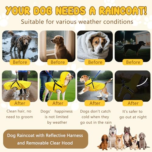 Dog Raincoat: Dog Rain Jacket with Reflective Harness & Removable Hood | Waterproof Dogs Rain Coat Poncho for Large Medium Small Dogs Puppies (Yellow - S) - size: Small