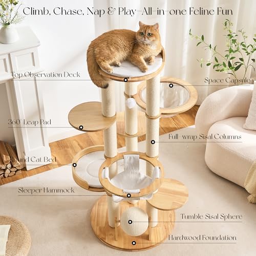797Audio Modern Solid Wood Cat Tree Tower, 54" Tall Cat Tree with Scratching Posts, Capsule&Hammock, Luxury Natural Oak Wood Cat Tower, Aesthetic Multi-Level Cat Climbing Tree for Large Indoor Cats - color: 54 Inch-Scratch Ball