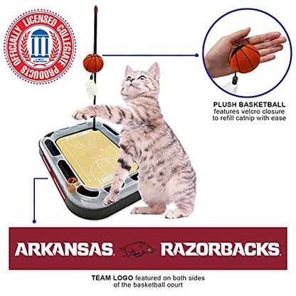 Cat Scratch Toy NCAA ARKANSAS RAZORBACKS REVERSIBLE Basketball Court Felt/Cardboard Cat Scratcher Toy. Interactive Cat Ball Bell in Tracks. 6-in-1 CAT TOY Cat Wand Poll, CATNIP-FILLED Plush Basketball - color: Arkansas Razorbacks
