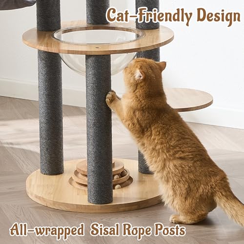 Modern Cat Tree Tower with Scratching Post, 61.5in Tall Cat Tree for Indoor Cats, Multi-Level Solid Wood Cat Furniture with Cozy Cat Beds, Cat Condo, Hammock, Capsule Nest, Turntable Toy, Gray - color: 61.5"-V-Gray
