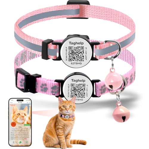 Safe & Elegant Cat Collar Breakaway with QR Code ID, 2 Pack Adjustable Kitten Collar with Name Tag & Bells – Smart Reflective Safety for Easy Pet Info Management (Pink)