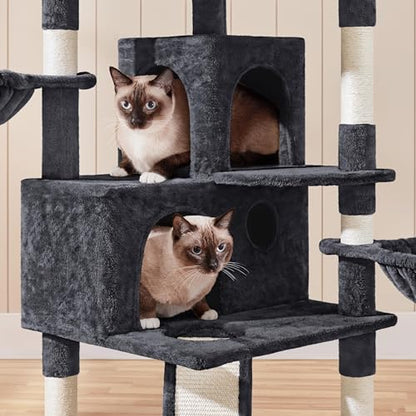 Yaheetech 76.5in Multi-Level Large Cat Tree, Big Cat Tower with 3 Condos, Cozy Plush Perches, 9 Sisal Scratching Posts and Ladder, Activity Center for Large Kitties, Black - color: Black