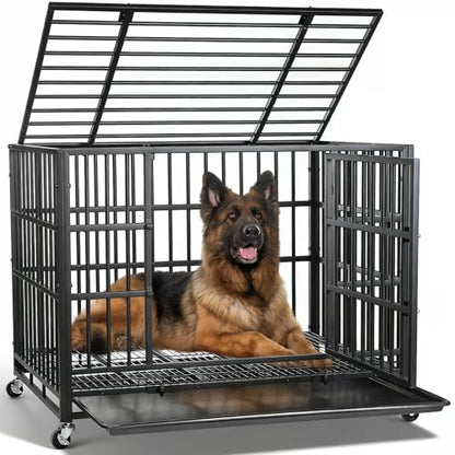 VOWNER 38 inch Heavy Duty Indestructible Dog Crate, Escape-Proof Dog Crate Cage Kennel with 4 Lockable Wheels, High Anxiety Dog Crate with Double Door and Removable Tray Design, for Large Dogs - size: 38.2"L x 24.9"W x 29.1"H