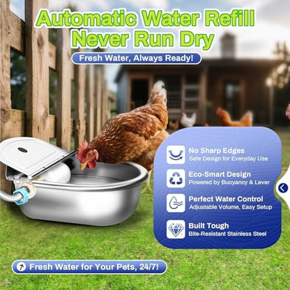 Automatic Animal Drinking Water Bowl with Float Valve, Stainless Steel Kit Includes Bowl, Standard Pipe, Replacement Valve, Quick Connector Adapter and Countersunk Bolts(Auto-Filling)