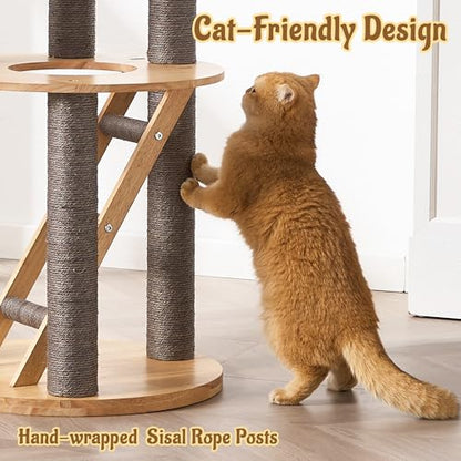 Modern Cat Tree Tower with Scratching Post, 61.5in Tall Cat Tree for Indoor Cats, Multi-Level Solid Wood Cat Furniture with Ladder, Cozy Cat Beds, Cat Condo, Capsule Nest, Dangling Toy, Gray - color: 61.5"Gray