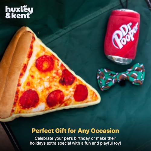 Huxley & Kent Funny Dog Toy w/Squeaker – Power Plush Squeaky Dog Toys for Small, Medium & Large Dogs – Soft Stuffed Animal for Indoor Play & Fetch - Pup-eroni Pizza, Small - size: Small, style: Puperoni Pizza