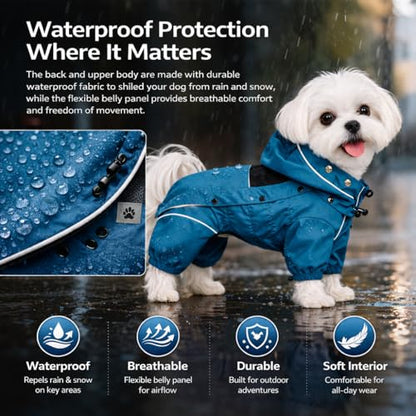 LOVELONGLONG Waterproof Dog Raincoat with Removable Hood – Outdoor Full Body Dog Jacket, Windproof Snowproof Shell Suit – All Season Pet Rain Gear Ocean Teal XXS - color: Ocean Teal, size: XXS (Back 9")