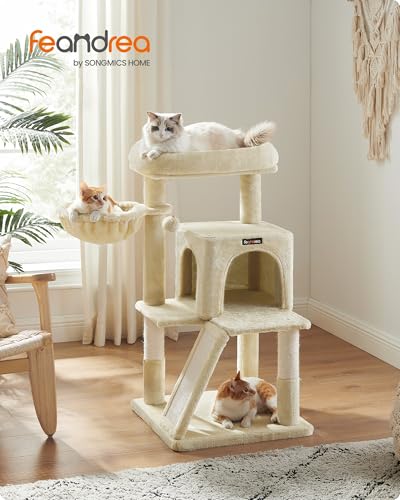 Feandrea Cat Tree, 37.8-Inch Cat Tower, Multi-Level Condo with Widened Perch, Scratching Posts and Ramp, 2-Door Cave, Hammock, Beige UPCT51M - color: Beige