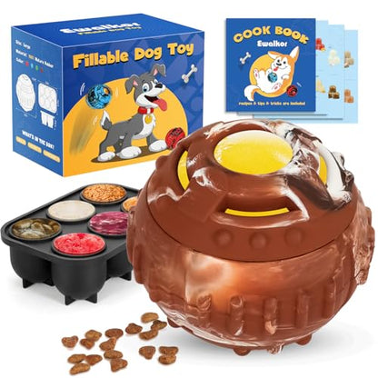 Dog Distraction Toy - Dog Toys to Keep Them Busy to Reduce Anxiety, Medium Chew Toy Ball Treat Dispenser with Freezable Fillable Treats Tray Mold for Aggressive Chewer, 4-IN-1 Mentally Stimulating Toy - color: Brown