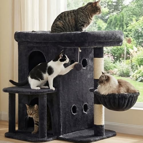 Heybly Cat Tree, 25.6-inch Cat Tower with Spacious Top Perch for Large Cats, Stair-Style Cat House Furniture with Dual-Layer Condos, Sisal Scratching Posts, Cozy Basket & Pompom, Smoky Gray HCT204SG - color: Smoky Gray, size: 25.6 inch