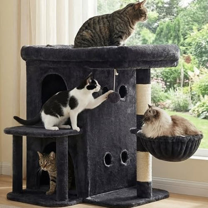 Heybly Cat Tree, 25.6-inch Cat Tower with Spacious Top Perch for Large Cats, Stair-Style Cat House Furniture with Dual-Layer Condos, Sisal Scratching Posts, Cozy Basket & Pompom, Smoky Gray HCT204SG - color: Smoky Gray, size: 25.6 inch