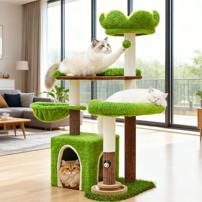 Woochpet Cat Tree Tower with Large Cat House,Three Platforms Jumping and Sleeping for Cats Multi-Functional for Kittens and Adult Cats (Green) - size: 63*49*118