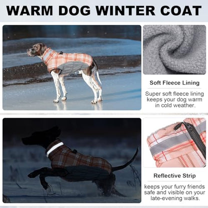 BEAUTYZOO Dog Winter Coat with Harness Built in, Reflective Plaid Puffer Vest Waterproof for Large Dogs, Fleece Warm Puppy Zipped Jacket with D Ring, Pet Cold Weather Sweater Clothes, Brown L - color: Brown, size: Large
