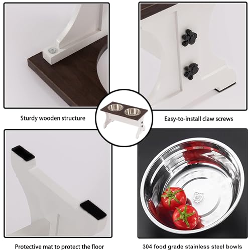Modern Farmhouse Dog Bowls Stand, Elevated Dog Bowls with 2 Stainless Steel Wooden Bowls, 80 oz Bowl-White - color: White, size: 9 Cups 13.8"H_80 oz Bowl