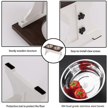 Modern Farmhouse Dog Bowls Stand, Elevated Dog Bowls with 2 Stainless Steel Wooden Bowls, 80 oz Bowl-White - color: White, size: 9 Cups 13.8"H_80 oz Bowl