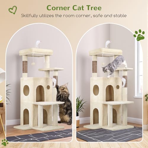 Globlazer Cat Tree Tower for Indoor Cats, 50-inch Adult Cat Tree House for Large Adult Cats with Steps, Scratching Post, 2 Cat Caves, Dangling Toys, FC50, Beige - color: Beige