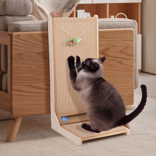 Sisal Cat Scratchers for Indoor Cats, 26.8'' L-Shape Cat Scratching Board, Solid Wooden Cats Scratch Pad with Mouse Toy, Large Cats Scratching Posts to Protect Furniture(Vertical Scratcher) - size: Vertical