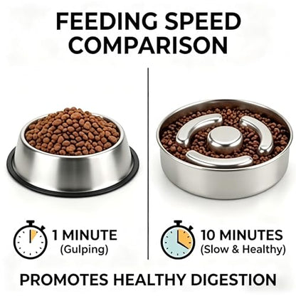 AIPERRO Slow Feeder Dog Bowl Stainless Steel, 2 Cups Metal Non-Slip Dog Food Bowls, Dogs Water Bowl for Small & Medium Sized Dogs, Fun Bloat Stop Pet Bowl for Fast Eaters, Slows Down Pets Eating - size: 2 Cups/ 1.6" Deep (Max 4Cups)