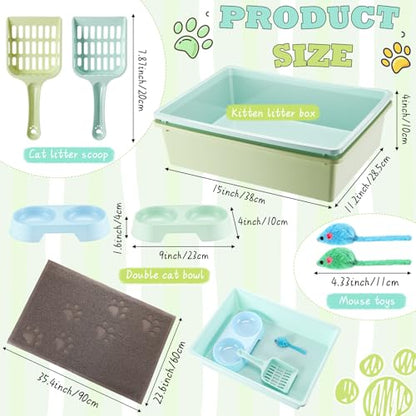 9 Pcs Kitten Litter Box Starter Kit, 2 Plastic Small Cat Litter Box with 2 Scooper, 2 Double Dish Feeding Bowl 2 Mouse Toy and Large Mat for Kitten Indoor
