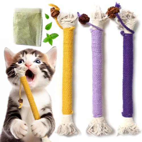 Cat Toys for Indoor Cats, Kitten Toys for Indoor Kittens, Catnip Rope Chew Toys for Teeth Cleaning, Interactive Cat Teething Toy, Kitty Kicker Toy, 3 Pack (Plus 1 Pouch of Catnip) - size: Small 3 Pack