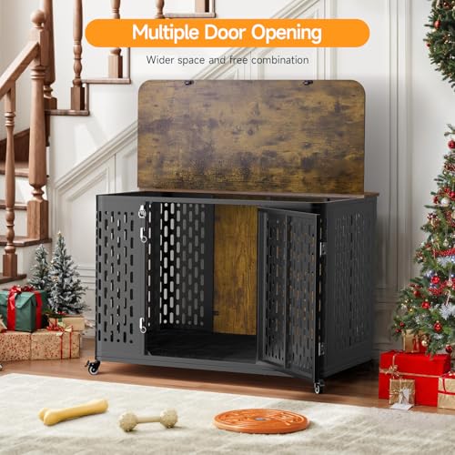 ONBRILL Heavy Duty Dog Crate Furniture for Large and Medium Dogs, 43.7 Inch Large Dog Crate Kennel with Flip Top & Cushion & Wheels, Escape Proof Pet Cage,Wooden Cage Kennel Furniture Indoor - size: 43.7"L x 29.9"W x 31.7"H