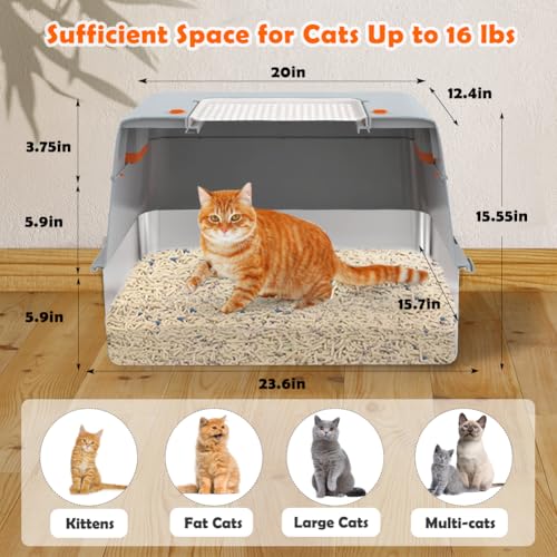 Vivifying Stainless Steel Litter Box with Lid, XL Side Entry Extra Large Litter Box for Big Cats & Kitty, Removable Enclosed Metal Cat Pan with High Sided Enclosure, Scoop, Mat, Footboard (Gray) - color: Gray