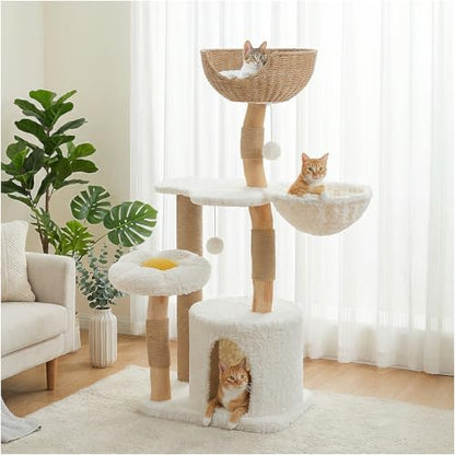 PETEPELA Modern Cat Tree Tower for Indoor Large Cats w/Removable Flower Perch, Real Solid Wood Cat Scratching Posts, Boho Ratten Cat Furniture w/Cozy Condo & Wicker Basket Bed, White - color: Cloud White